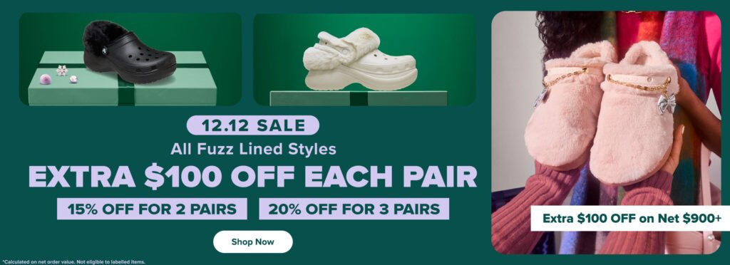 Image of Crocs 12.12 sales. 15%off for 2 pairs of Crocs, 20%off for 3 pairs